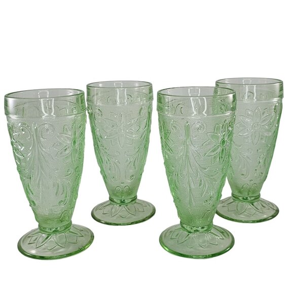 Tiara Indiana Glass 4 Chantilly Green Sandwich 10 oz Footed Iced Tea Tumblers - Picture 1 of 6
